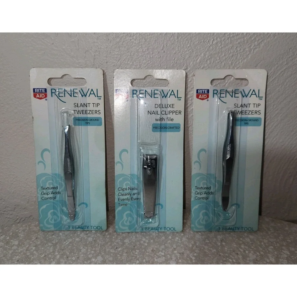 2 Pair {Rite‎ Aid} [Renewal] Slant Tip Tweezers & 1 Deluxe Nail Clipper w/File~